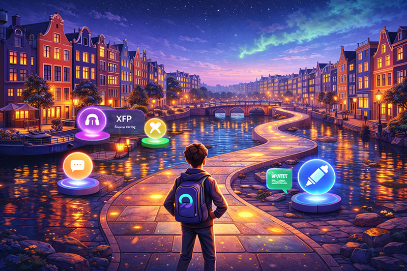 A learner with a backpack walks a glowing path into Amsterdam at dusk