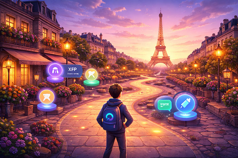 A learner with a backpack walks a glowing path into Paris at dusk
