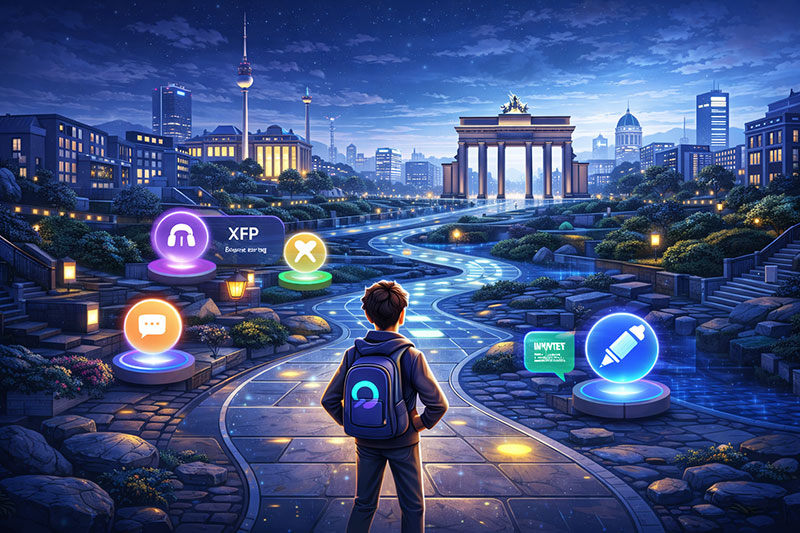 A learner with a backpack walks a glowing path into Berlin at dusk
