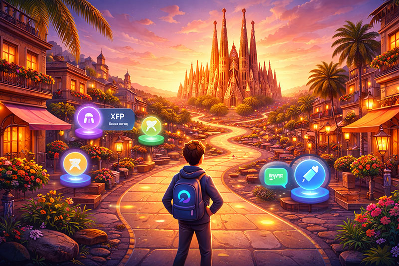 A learner with a backpack walks a glowing path into Barcelona at dusk