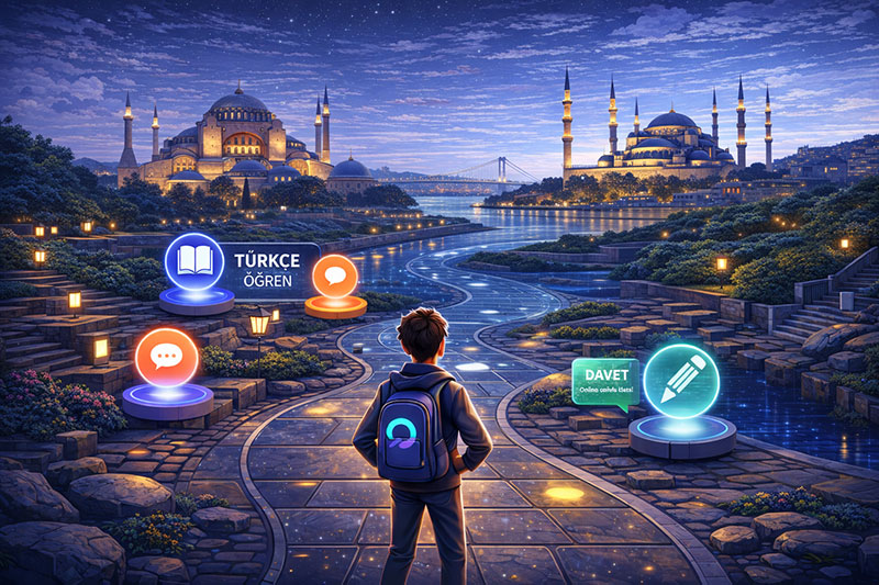 A learner with a backpack walks a glowing path toward the mosques of Istanbul at dusk